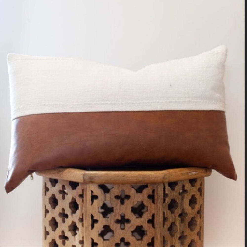 African Mudcloth and Faux Leather Lumbar pillow cover